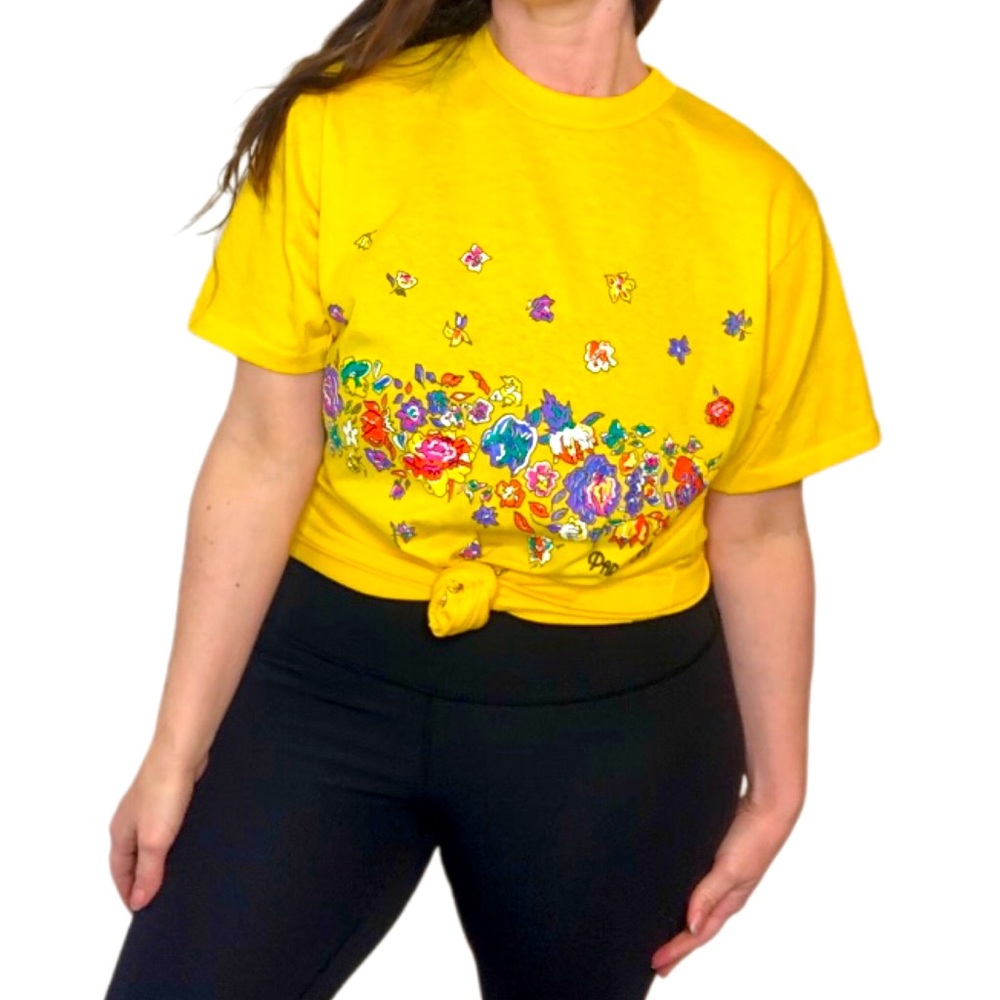 VINTAGE 80s Bright Yellow Graphic Spring Flowers Floral Colorful T-shirt Top M/L